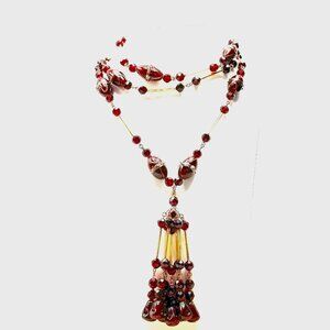 1920s-30s Art Deco Aventurine Glass Tassel Necklace — Goldstone Sautoir — EUC